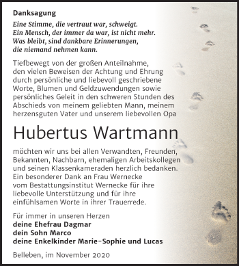 Traueranzeige von Hubertus Wartmann von Mitteldeutsche Zeitung Bernburg