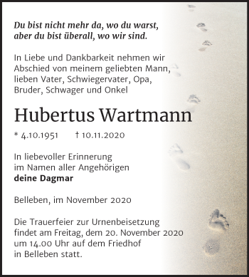 Traueranzeige von Hubertus Wartmann von Wochenspiegel Bernburg