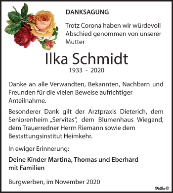 Traueranzeige von Ilka Schmidt von Mitteldeutsche Zeitung Weißenfels