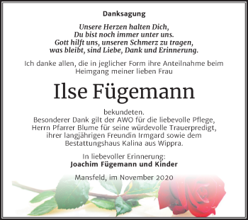 Traueranzeige von Ilse Fügemann von Mitteldeutsche Zeitung Mansfelder Land