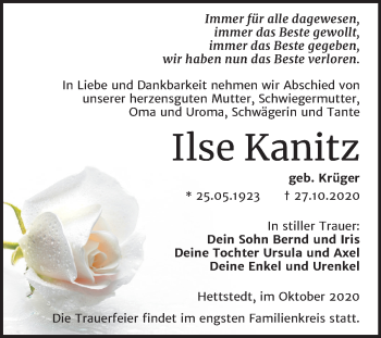 Traueranzeige von Ilse Kanitz von Super Sonntag Mansfelder Land
