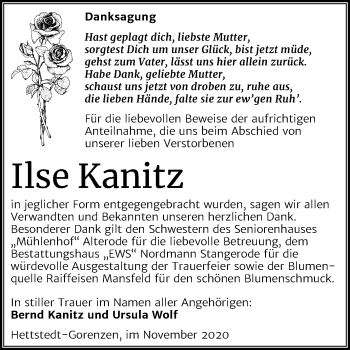 Traueranzeige von Ilse Kanitz von Mitteldeutsche Zeitung Mansfelder Land