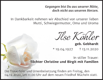 Traueranzeige von Ilse Köhler von Mitteldeutsche Zeitung Merseburg/Querfurt