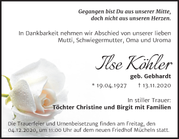 Traueranzeige von Ilse Köhler von Super Sonntag Merseburg/Querfurt