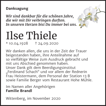 Traueranzeige von Ilse Thiele von Mitteldeutsche Zeitung Wittenberg