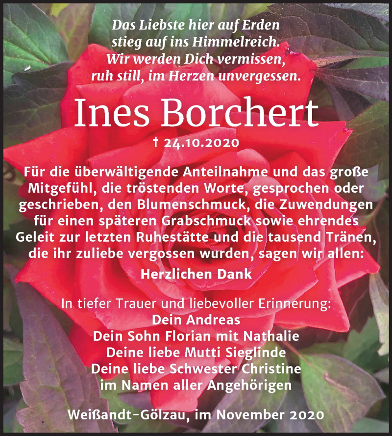  Traueranzeige für Ines Borchert vom 14.11.2020 aus Mitteldeutsche Zeitung Köthen