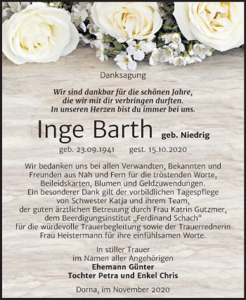 Traueranzeige von Inge Barth von Mitteldeutsche Zeitung Wittenberg