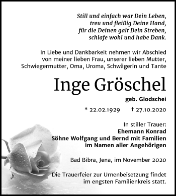 Traueranzeige von Inge Gröschel von Wochenspiegel Naumburg/Nebra