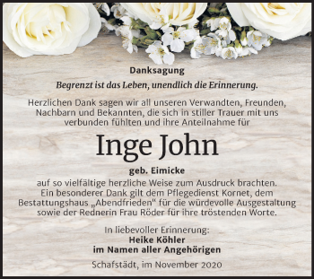 Traueranzeige von Inge John von Super Sonntag Merseburg/Querfurt