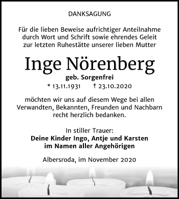 Traueranzeige von Inge Nörenberg von Super Sonntag Merseburg/Querfurt