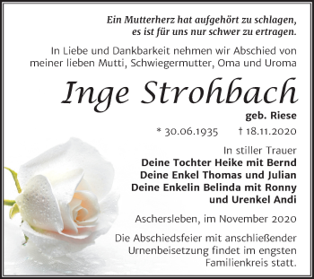 Traueranzeige von Inge Strohbach von Super Sonntag Aschersleben