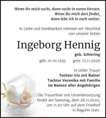 Traueranzeige von Ingeborg Hennig von Mitteldeutsche Zeitung Bitterfeld