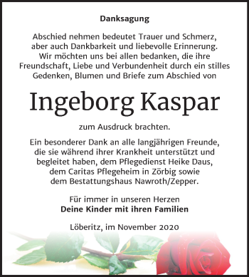 Traueranzeige von Ingeborg Kaspar von Wochenspiegel Bitterfeld