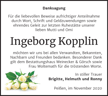 Traueranzeige von Ingeborg Kopplin von Mitteldeutsche Zeitung Bernburg