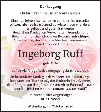 Traueranzeige von Ingeborg Ruff von Mitteldeutsche Zeitung Wittenberg
