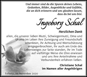 Traueranzeige von Ingeborg Schal von Mitteldeutsche Zeitung Merseburg/Querfurt