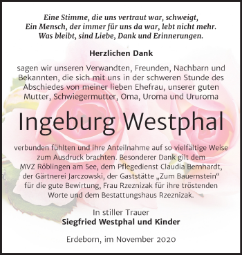 Traueranzeige von Ingeburg Westphal von Mitteldeutsche Zeitung Mansfelder Land