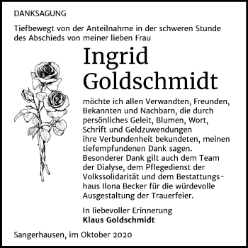 Traueranzeige von Ingrid Goldschmidt von Wochenspiegel Sangerhausen