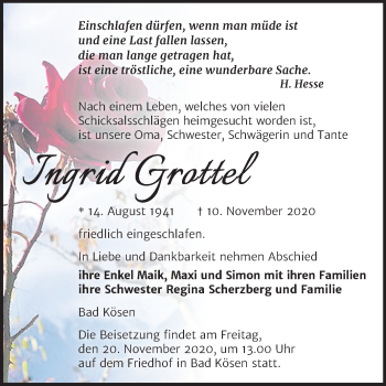 Traueranzeige von Ingrid Grottel von Mitteldeutsche Zeitung Naumburg/Nebra
