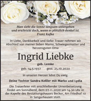 Traueranzeige von Ingrid Liebke von Mitteldeutsche Zeitung Sangerhausen