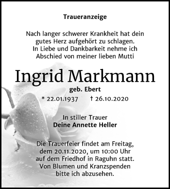 Traueranzeige von Ingrid Markmann von Wochenspiegel Bitterfeld