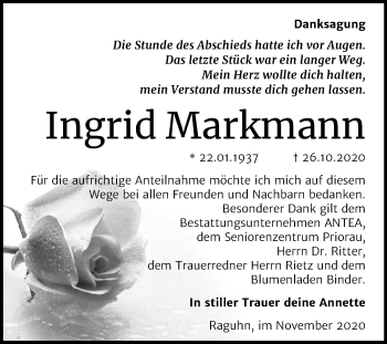 Traueranzeige von Ingrid Markmann von Mitteldeutsche Zeitung Bitterfeld