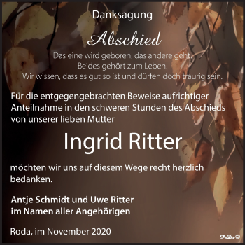 Traueranzeige von Ingrid Ritter von Super Sonntag Zeitz