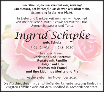 Traueranzeige von Ingrid Schipke von Super Sonntag Aschersleben