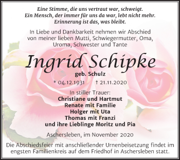 Traueranzeige von Ingrid Schipke von Mitteldeutsche Zeitung Aschersleben