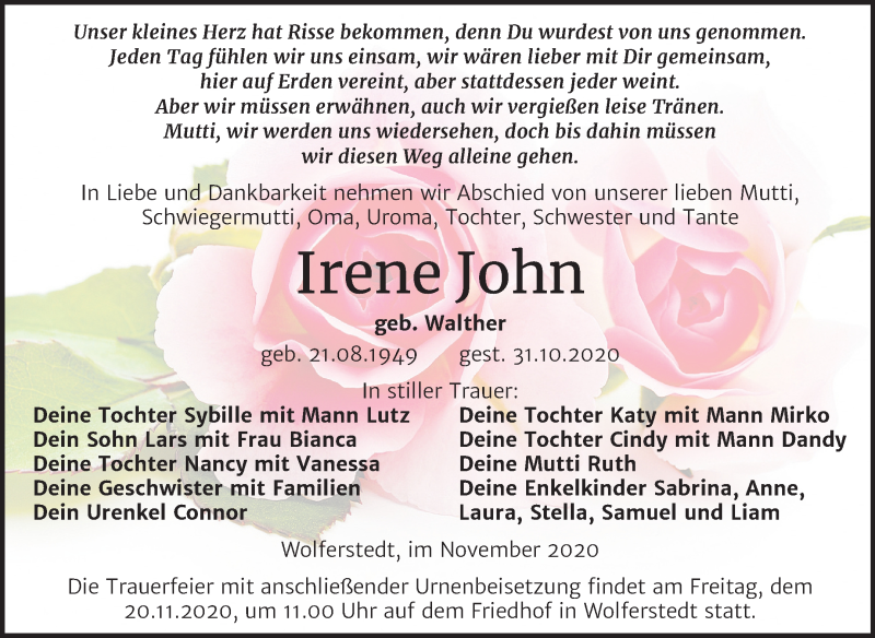  Traueranzeige für Irene John vom 13.11.2020 aus Mitteldeutsche Zeitung Sangerhausen