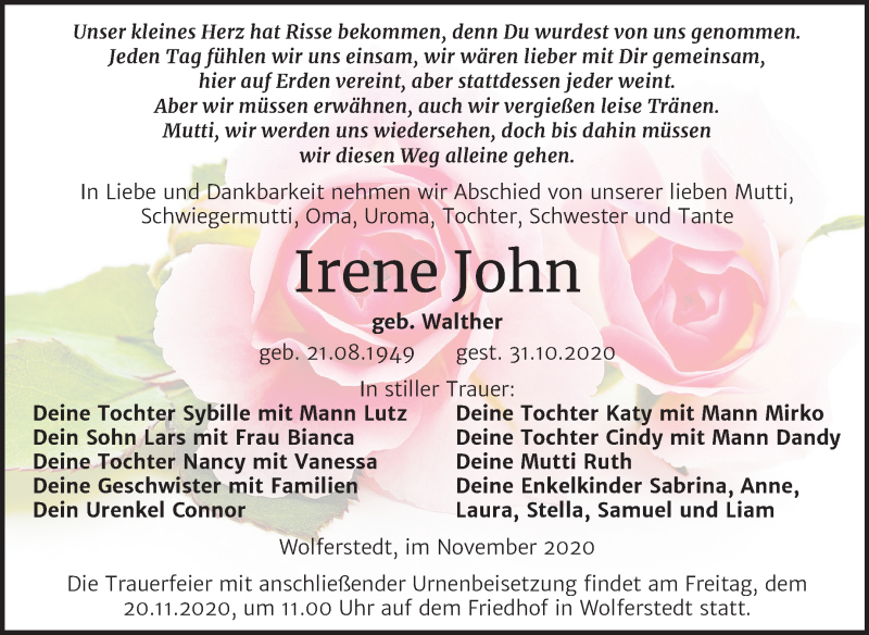  Traueranzeige für Irene John vom 14.11.2020 aus Super Sonntag Sangerhausen