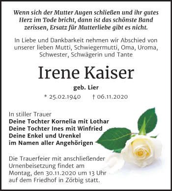 Traueranzeige von Irene Kaiser von Wochenspiegel Bitterfeld
