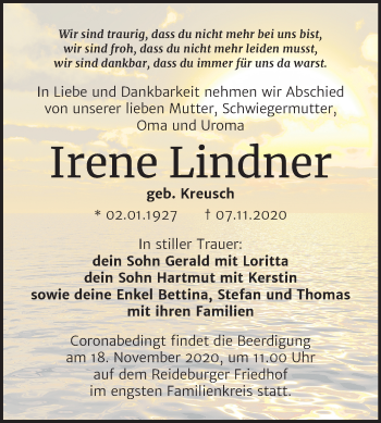 Traueranzeige von Irene Lindner von Mitteldeutsche Zeitung Halle/Saalkreis