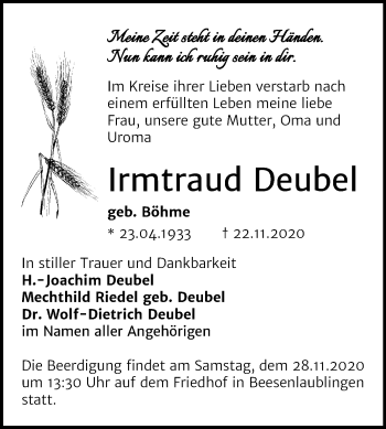 Traueranzeige von Irmtraud Deubel von Super Sonntag Bernburg
