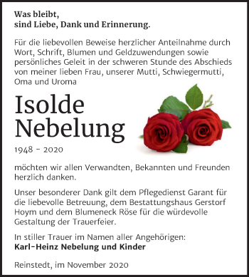 Traueranzeige von Isolde Nebelung von Mitteldeutsche Zeitung Quedlinburg
