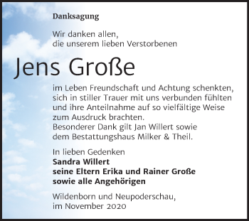 Traueranzeige von Jens Große von Super Sonntag Zeitz