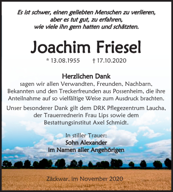 Traueranzeige von Joachim Friesel von Wochenspiegel Naumburg/Nebra