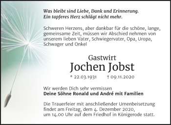 Traueranzeige von Jochen Jobst von Super Sonntag Quedlinburg