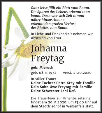 Traueranzeige von Johanna Freytag von Wochenspiegel Weißenfels