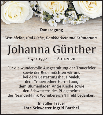 Traueranzeige von Johanna Günther von Mitteldeutsche Zeitung Sangerhausen