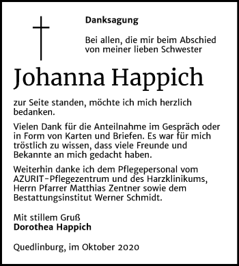 Traueranzeige von Johanna Happich von Super Sonntag Quedlinburg