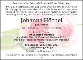 Traueranzeige von Johanna Höchel von Mitteldeutsche Zeitung Mansfelder Land