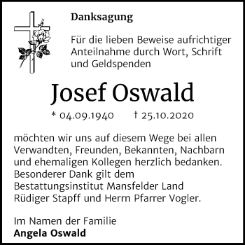 Traueranzeige von Josef Oswald von Mitteldeutsche Zeitung Mansfelder Land