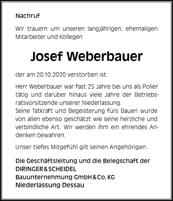 Traueranzeige von Josef Weberbauer von Mitteldeutsche Zeitung Dessau-Roßlau