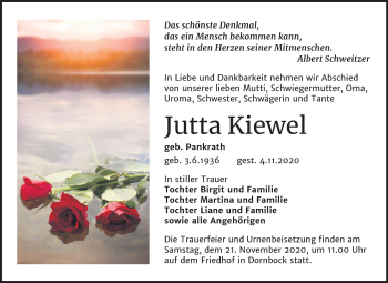 Traueranzeige von Jutta Kiewel von Super Sonntag Köthen
