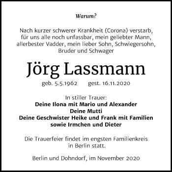 Traueranzeige von Jörg Lassmann von Mitteldeutsche Zeitung Köthen