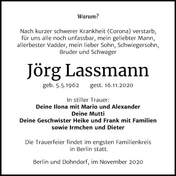 Traueranzeige von Jörg Lassmann von Super Sonntag Köthen