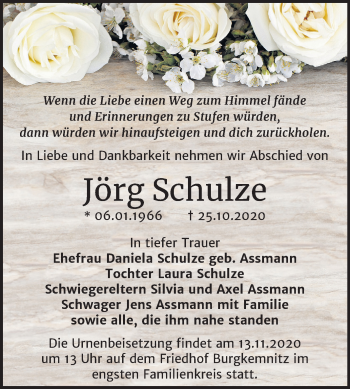 Traueranzeige von Jörg Schulze von Wochenspiegel Bitterfeld