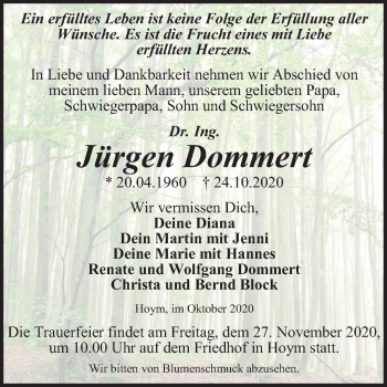 Traueranzeige von Jürgen Dommert von Super Sonntag Aschersleben