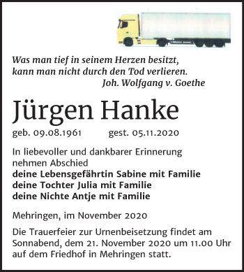 Traueranzeige von Jürgen Hanke von Super Sonntag Aschersleben